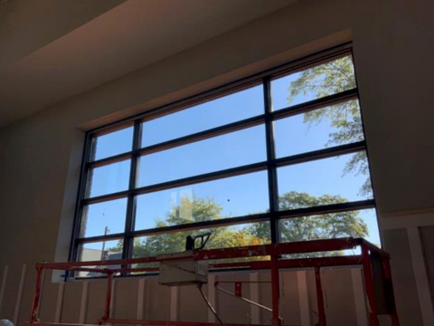 Big pane window in multi-purpose room of West End Baptist Church